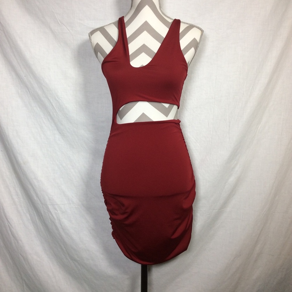 Shein Burgundy Fitted Gathered Dress